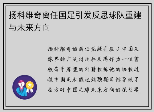 扬科维奇离任国足引发反思球队重建与未来方向